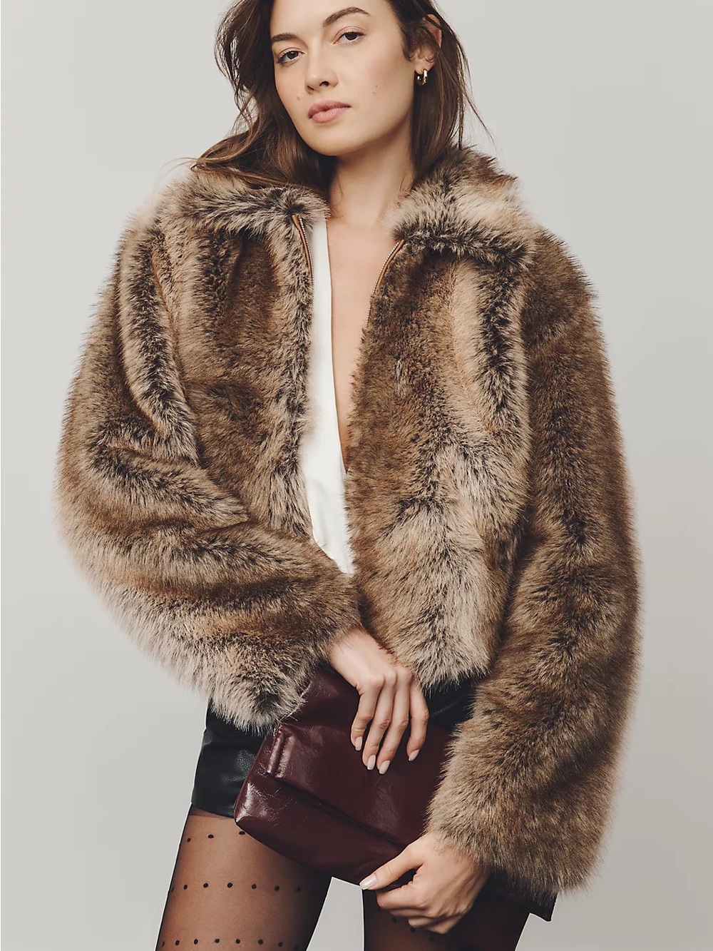 Anthropologie Maeve Rae Faux Fur Crop Plush Brown Teddy Jacket Front Zip-up NEW - Picture 2 of 10